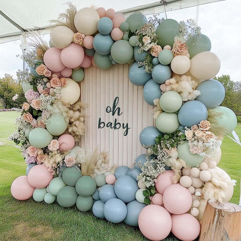 Partycus Dusty Green Pink Blue Balloon Arch Double Stuffed Pastel Pink Dusty Blue Light Sage Green White Latex Balloon Garland Kit for Boho Baby Shower Birthday Gender Reveal Tea Valentine Party Decoration - Image 1