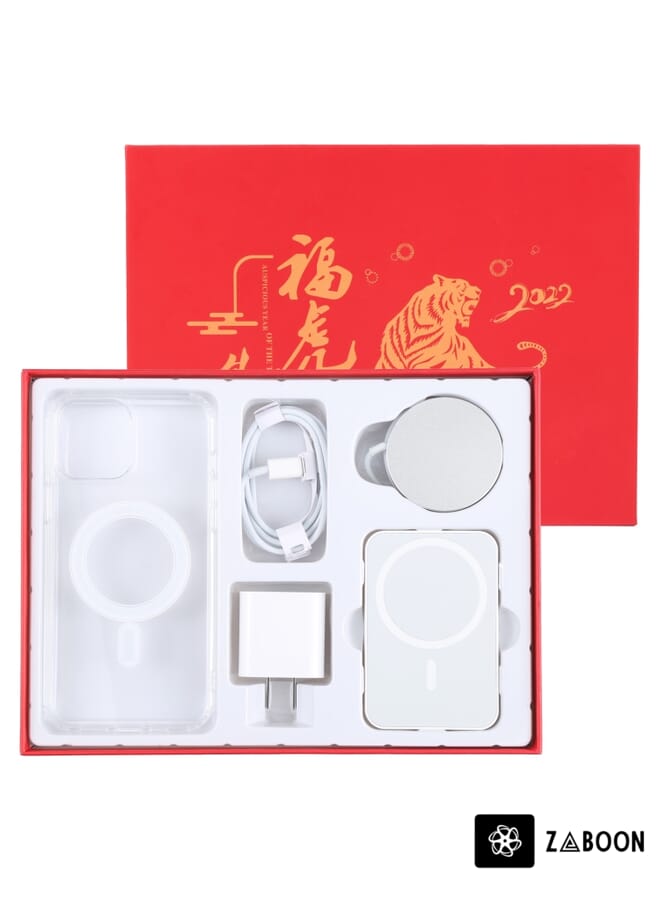 Zaboon 5 in 1 Data Cable + Travel Charger + Wired / Wireless MagSafe Magnetic Wireless Charger + MagSafe Magnetic  Digital Gift Box Set Protective Case Cover For iPhone 13, US Plug - Image 1