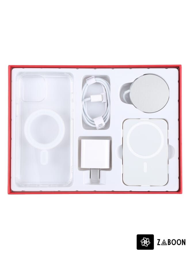 Zaboon 5 in 1 Data Cable + Travel Charger + Wired / Wireless MagSafe Magnetic Wireless Charger + MagSafe Magnetic  Digital Gift Box Set Protective Case Cover For iPhone 13, US Plug - Image 2