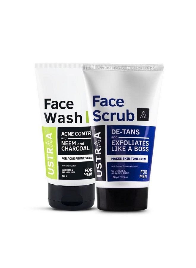 Ustraa Detan Face Scrub For Men 100G Exfoliation & Effective Tan Removal No Sls & Face Wash Acne Control With Neem & Charcoal 100G Oil Control Prevents Acne Keeps Face Nonoily No Sls - Image 1