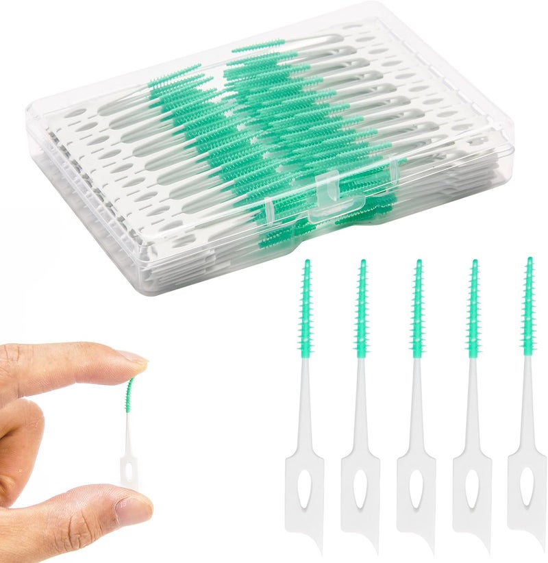 ACSKD Dental Floss Picks, 200 Count, Soft Rubber Brush Head, Interdental Brushes with Convenient Carry Case,Dual-Ended Toothpick Travel Teeth Cleaning Tools (Green) - Image 1