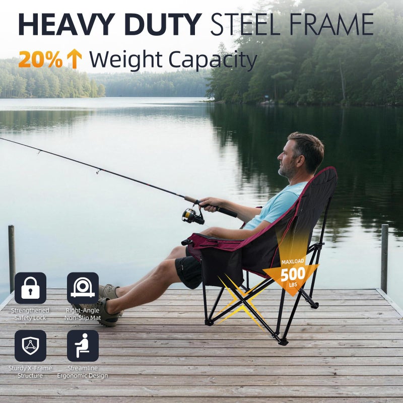 PUVASIA Oversized Camping Chair for Adults - Heavy Duty Padded Outdoor Folding Lawn XL Camp Chair with Cup Holder Cooler Pockets for Sports Beach Fishing Garden Portable Supports 500lbs, Red/Grey - Image 5