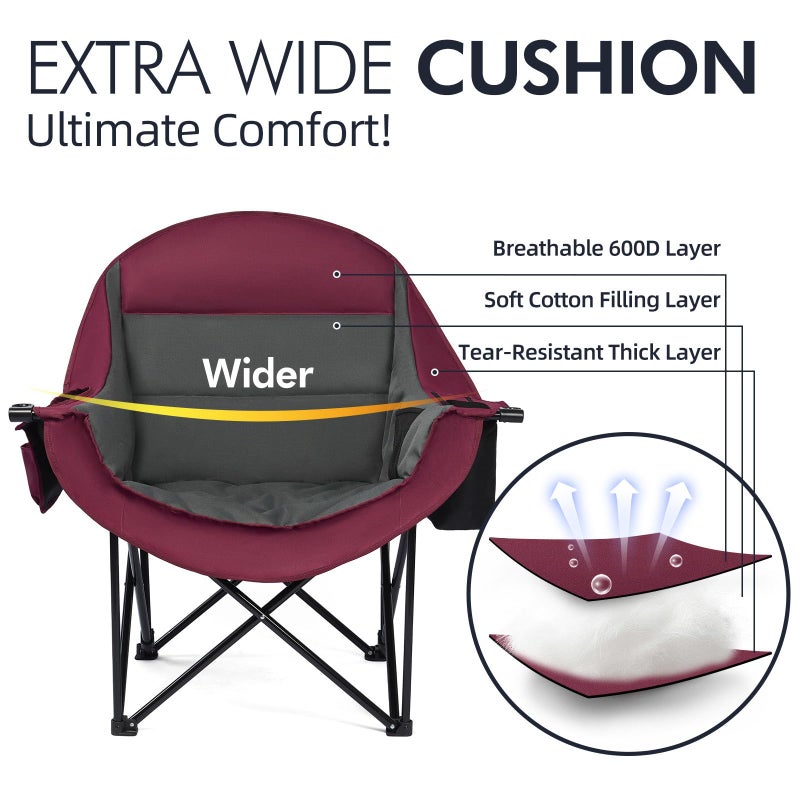 PUVASIA Oversized Camping Chair for Adults - Heavy Duty Padded Outdoor Folding Lawn XL Camp Chair with Cup Holder Cooler Pockets for Sports Beach Fishing Garden Portable Supports 500lbs, Red/Grey - Image 3
