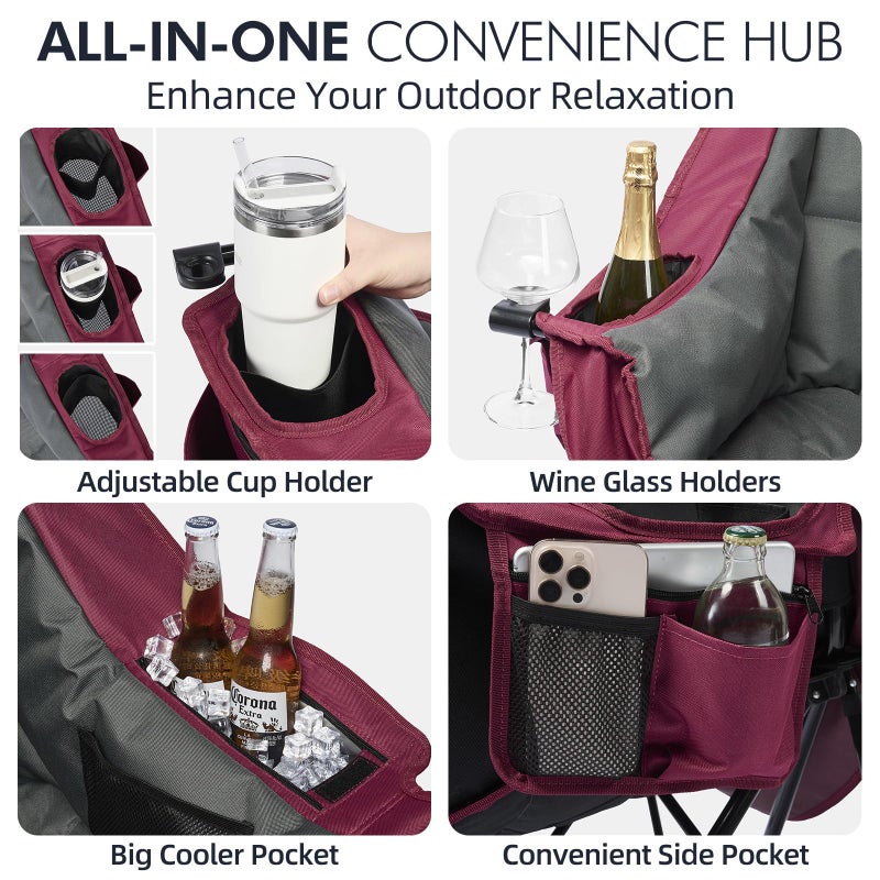 PUVASIA Oversized Camping Chair for Adults - Heavy Duty Padded Outdoor Folding Lawn XL Camp Chair with Cup Holder Cooler Pockets for Sports Beach Fishing Garden Portable Supports 500lbs, Red/Grey - Image 4