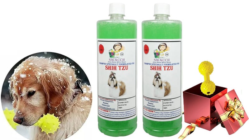 swacch Shih Tzu Dog Shampoo + Dumbbell Toy I Durable Rubber Dog Toy for Chewing I Playing,Teeth Cleaning & Training Toy I Combo Pack I 1 Litre Pack of 2 Neem Alovera - Image 1