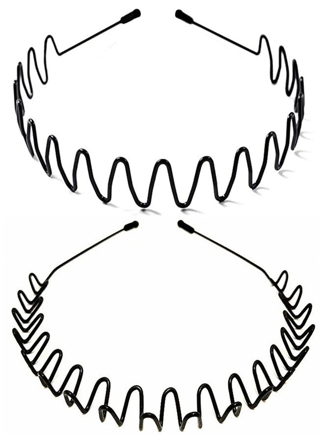 bodbop XINGZHE أربطة شعر بودبوب XINGZHE، 2 قطعة أشرطة رأس معدنية للرجال والنساء، رباط رأس عصري، رباط شعر رياضي أنيق مع أسنان متموجة غير قابلة للانزلاق، أسود (متموج عريض + متموج مع خطاف)  - Image 1