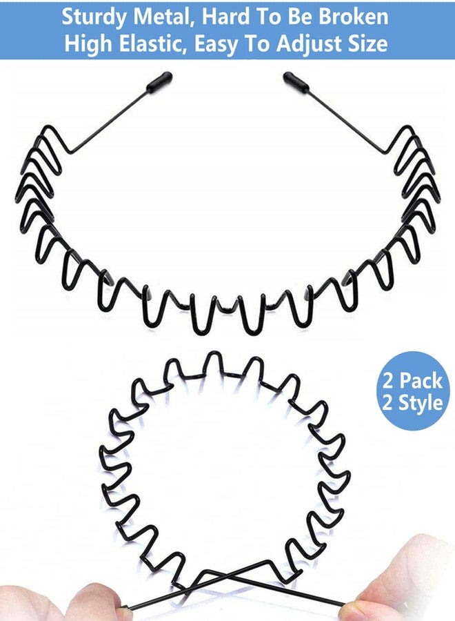 bodbop XINGZHE أربطة شعر بودبوب XINGZHE، 2 قطعة أشرطة رأس معدنية للرجال والنساء، رباط رأس عصري، رباط شعر رياضي أنيق مع أسنان متموجة غير قابلة للانزلاق، أسود (متموج عريض + متموج مع خطاف)  - Image 2
