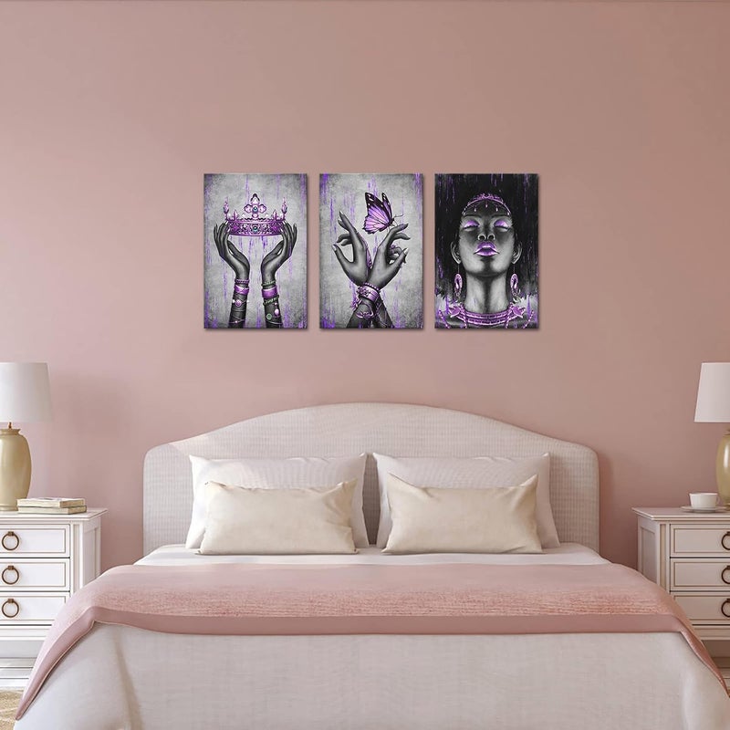 Kalormore Black American Woman Canvas Wall Art Giclee Prints Elegant Woman with Purple Queen Crown Butterfly Painting Picture Artwork for Girl Bedroom Living Room Office Decoration 16"x24"x3pcs - Image 3