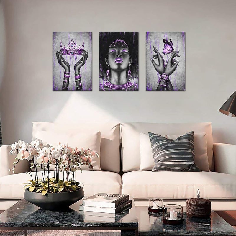 Kalormore Black American Woman Canvas Wall Art Giclee Prints Elegant Woman with Purple Queen Crown Butterfly Painting Picture Artwork for Girl Bedroom Living Room Office Decoration 16"x24"x3pcs - Image 4