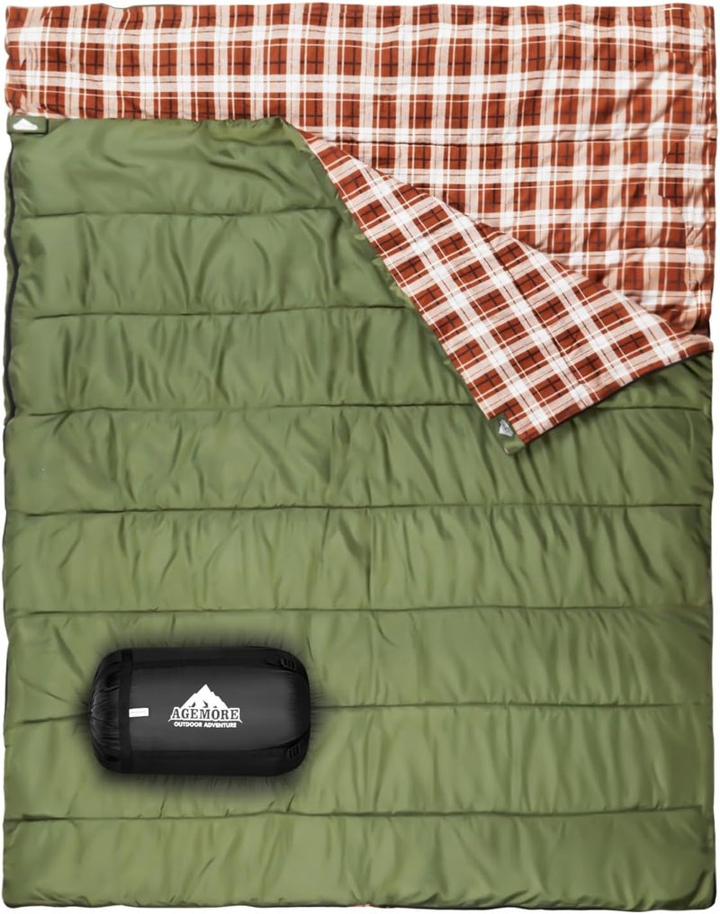 AGEMORE Cotton Flannel Double Sleeping Bag for Camping, Backpacking Or Hiking. Queen Size 2 Person Waterproof Sleeping Bag for Adults Or Teens. Lightweight with Compression Sack - Image 1