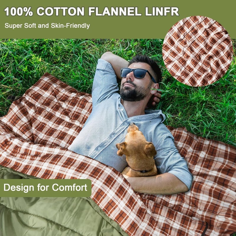 AGEMORE Cotton Flannel Double Sleeping Bag for Camping, Backpacking Or Hiking. Queen Size 2 Person Waterproof Sleeping Bag for Adults Or Teens. Lightweight with Compression Sack - Image 3