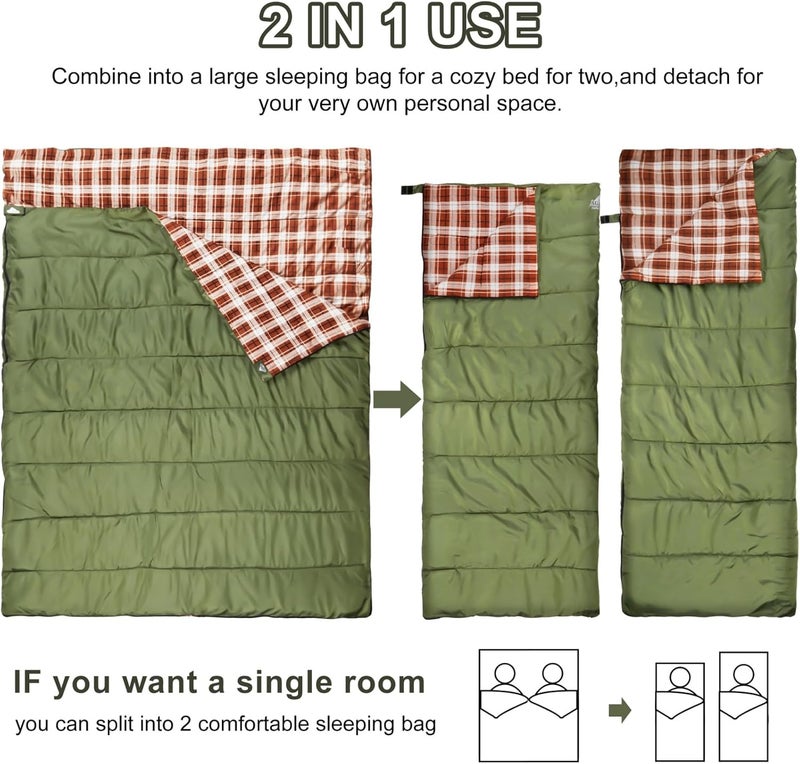 AGEMORE Cotton Flannel Double Sleeping Bag for Camping, Backpacking Or Hiking. Queen Size 2 Person Waterproof Sleeping Bag for Adults Or Teens. Lightweight with Compression Sack - Image 4