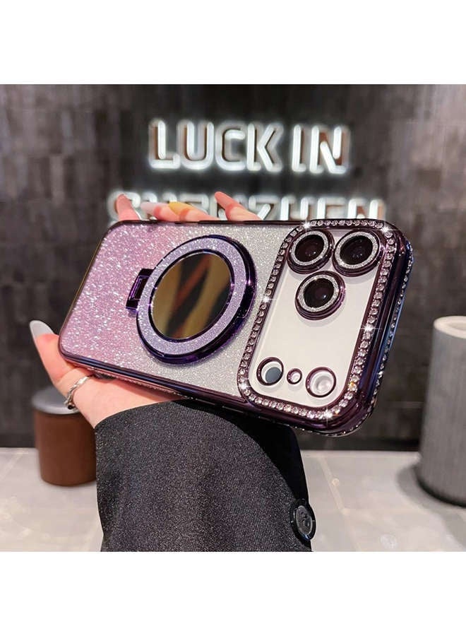 Magnetic Glitter Case for iPhone 17 Pro Max，Shiny Full Camera Lens Protector，Sparkly Ring Makeup Mirror Holder，Luxury Diamond Edge， Premium Fashion Gradient Shockproof iPhone 17 Pro Max Cover﻿ for Women Girls Gift - Image 3