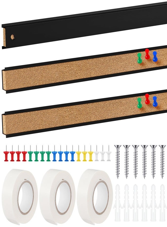 Threehoney 3 Pcs 36'' x 1" Cork Board Strips for Wall, Bulletin Bar, Tack Board With Aluminum Trim - Brown Cork Strips for Classroom, Office Walls, Cubicle - Image 1