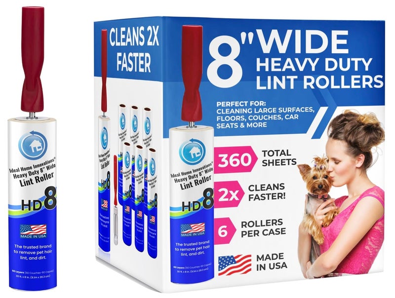 Ideal Home Innovations Heavy Duty 8 Wide Lint Rollers  Made in USA  Premium Sticky Lint Remover for Pet Hair Carpet Furniture Clothes and Car Seats  6 Rolls 360 Sheets  Durable and Easy Peel for Large Surfaces 
