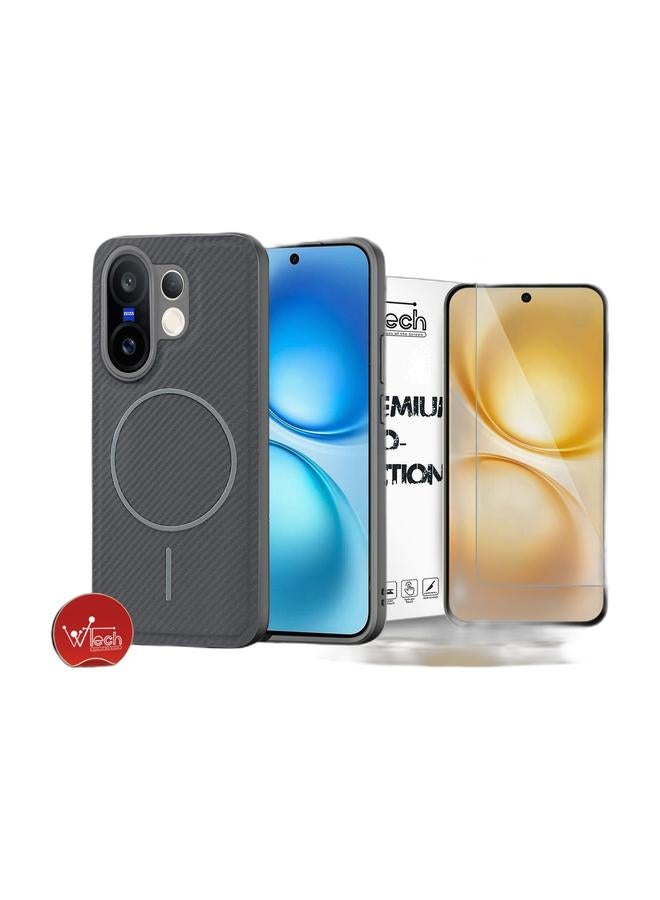 Wtech vivo X200 FE 5G 2025 Soft Silicone Carbon Fiber Magsafe Protective Back Case Cover (MCFPSN) - Grey & vivo X200 FE 5G 2025 WTech Premium Series Curved Edges 9H 2.5D Tempered Glass Screen Protector (MSG9CN) - Clear Bundle - Image 1