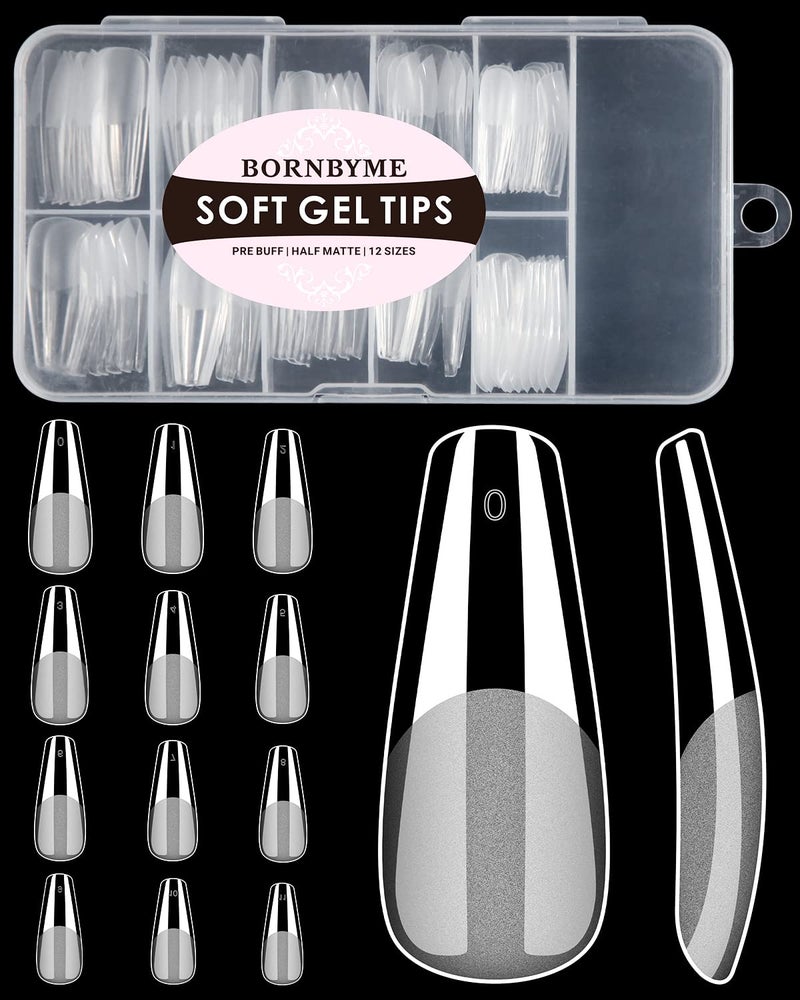 Soft Gel Nail Tips Long Coffin 120PCS Pre Buff Full Cover Shaped Nail Extenison Tips Half Matte Gel X Nail Tips BORNBYME