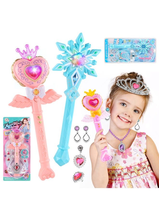 Girl Jewelry Light Music Fairy Magic Stick Children Play House Girl Jewelry Luminous Toys-Color:Suction Board Suit Light/12 Music Carousel/projection/Phantom Love Pink - Image 2