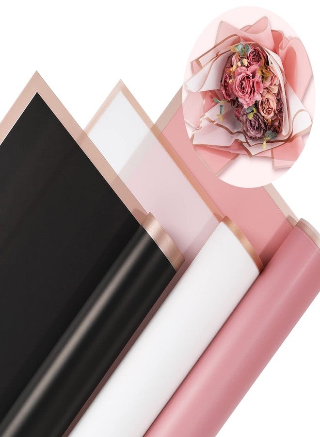 Whaline 30 Sheet Floral Wrapping Paper Folded Flat Pink Black White Waterproof Flowers Bouquet Packaging Paper with Rose Gold Border Double Sided Florist Packaging Paper for Wedding Birthday Flower - Image 1
