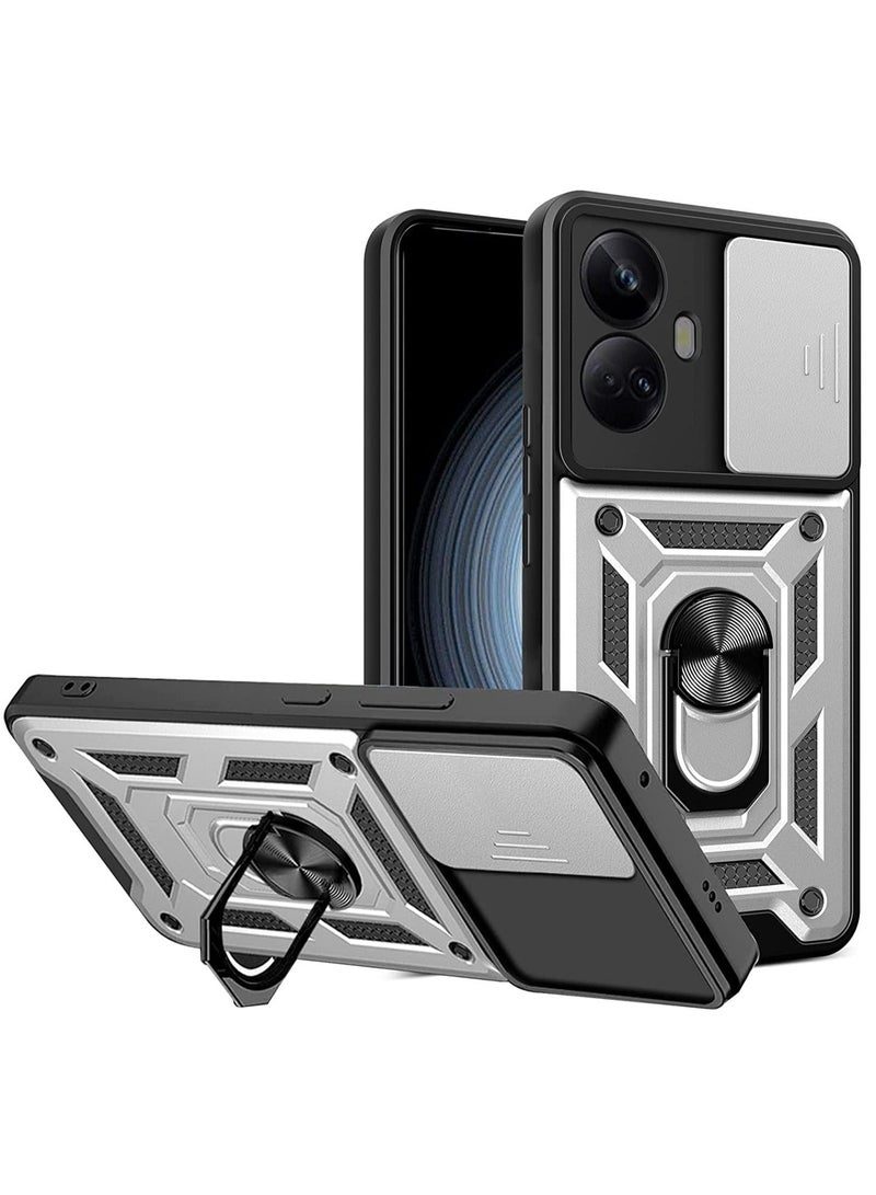 Arabest Case Compatiable with Realme 10 Pro Plus/10 Pro+ 5G with Slide Camera Cover, Military Grade Shockproof Protective Cover with Rotatable Metal Ring Kickstand (Silver)