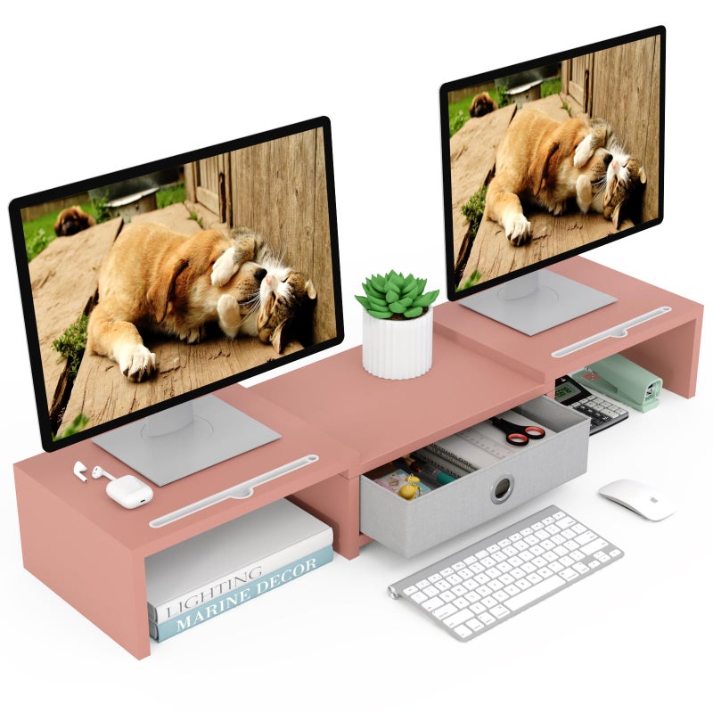 WESTREE Dual 3 Shelf Computer Riser with Drawer, Adjustable Length and Angle, Desktop 2 Monitor Stand Storage Organizer - Image 1