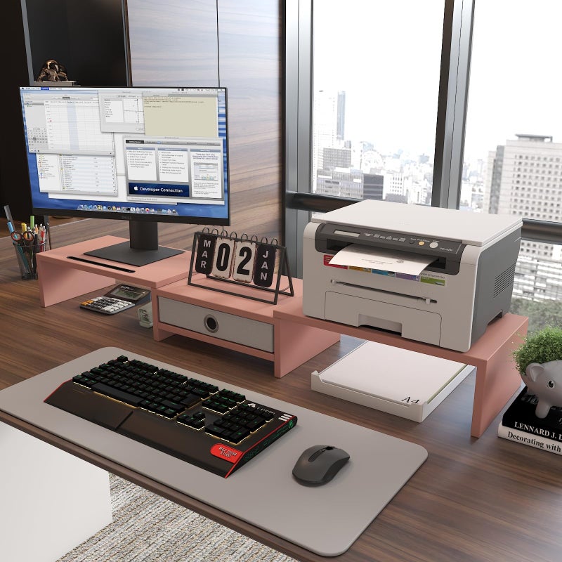 WESTREE Dual 3 Shelf Computer Riser with Drawer, Adjustable Length and Angle, Desktop 2 Monitor Stand Storage Organizer - Image 3