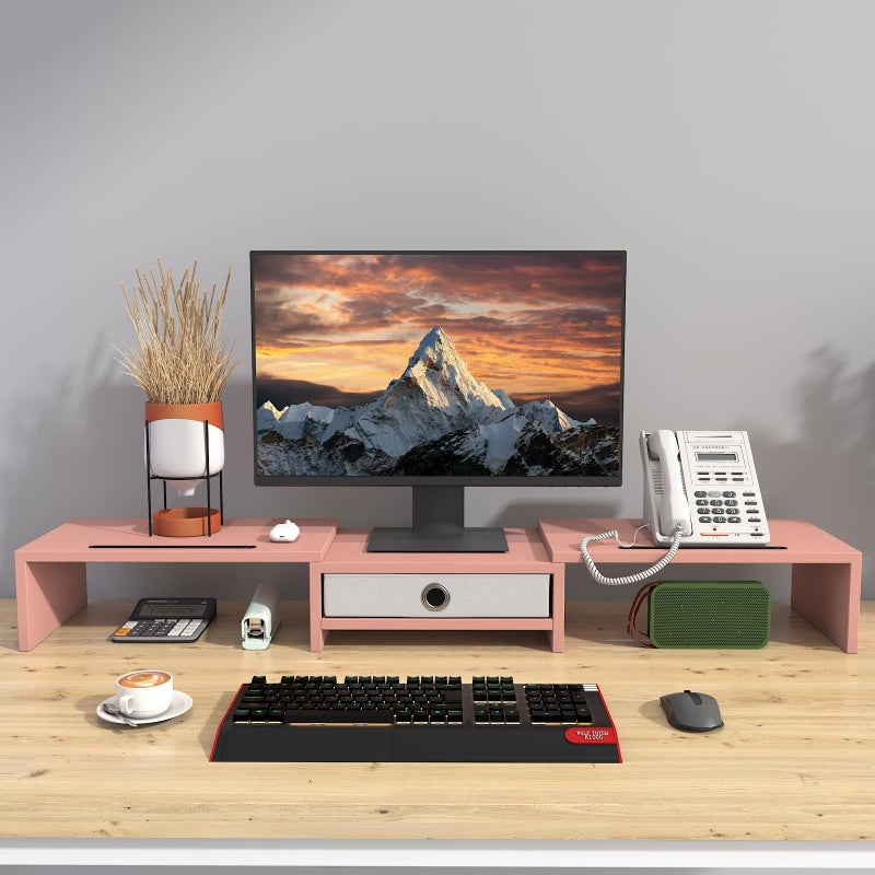 WESTREE Dual 3 Shelf Computer Riser with Drawer, Adjustable Length and Angle, Desktop 2 Monitor Stand Storage Organizer - Image 4