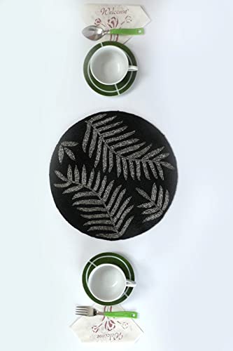 Awesome Washable Floral Cotton Cloth Designer Jacquard Vintage Placemat for Dining Room (Round Mats- 12" x 12")- Black & Silver Round (PMT013) - Image 2