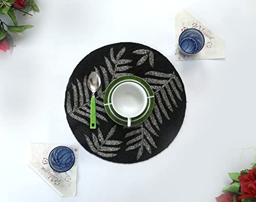 Awesome Washable Floral Cotton Cloth Designer Jacquard Vintage Placemat for Dining Room (Round Mats- 12" x 12")- Black & Silver Round (PMT013) - Image 1