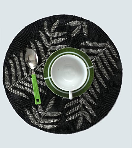 Awesome Washable Floral Cotton Cloth Designer Jacquard Vintage Placemat for Dining Room (Round Mats- 12" x 12")- Black & Silver Round (PMT013) - Image 4