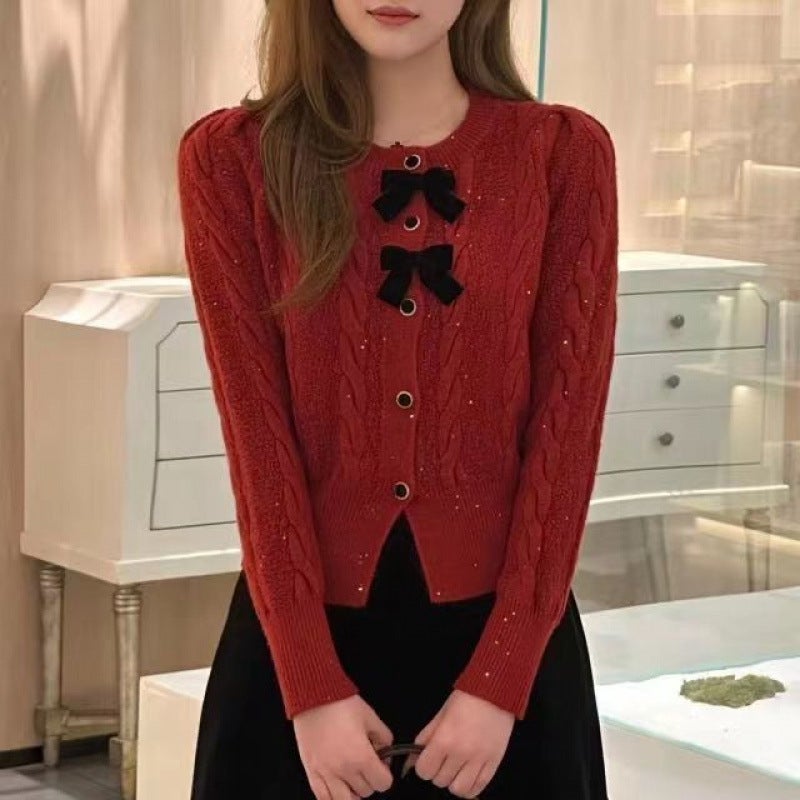 Round Neck Fragrant New Style 2025 Knitted Sweater Short Style Jacket Bow Knitted Sweater Cardigan Top - Image 2