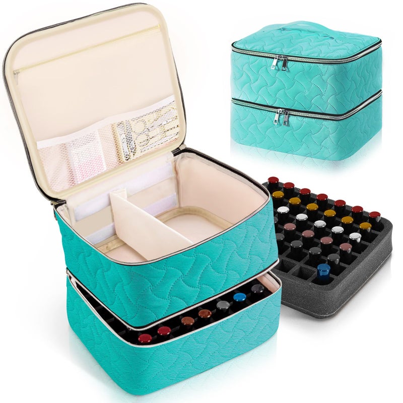 DreamGenius Nail Polish Organizer Case Holds 42 Bottles Portable DoubleLayer Nail Polish Storage Bag with Adjustable Dividers for Manicure Tools Blue