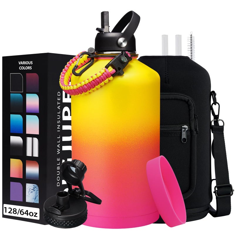 1 Gallon Insulated Water Bottle  with Straw  Auto Chug Lid Paracord Handle Bottle Sleeve 128 oz Stainless Steel Water Bottle Large Metal Gallon Water Jug Canteen for Sport Work