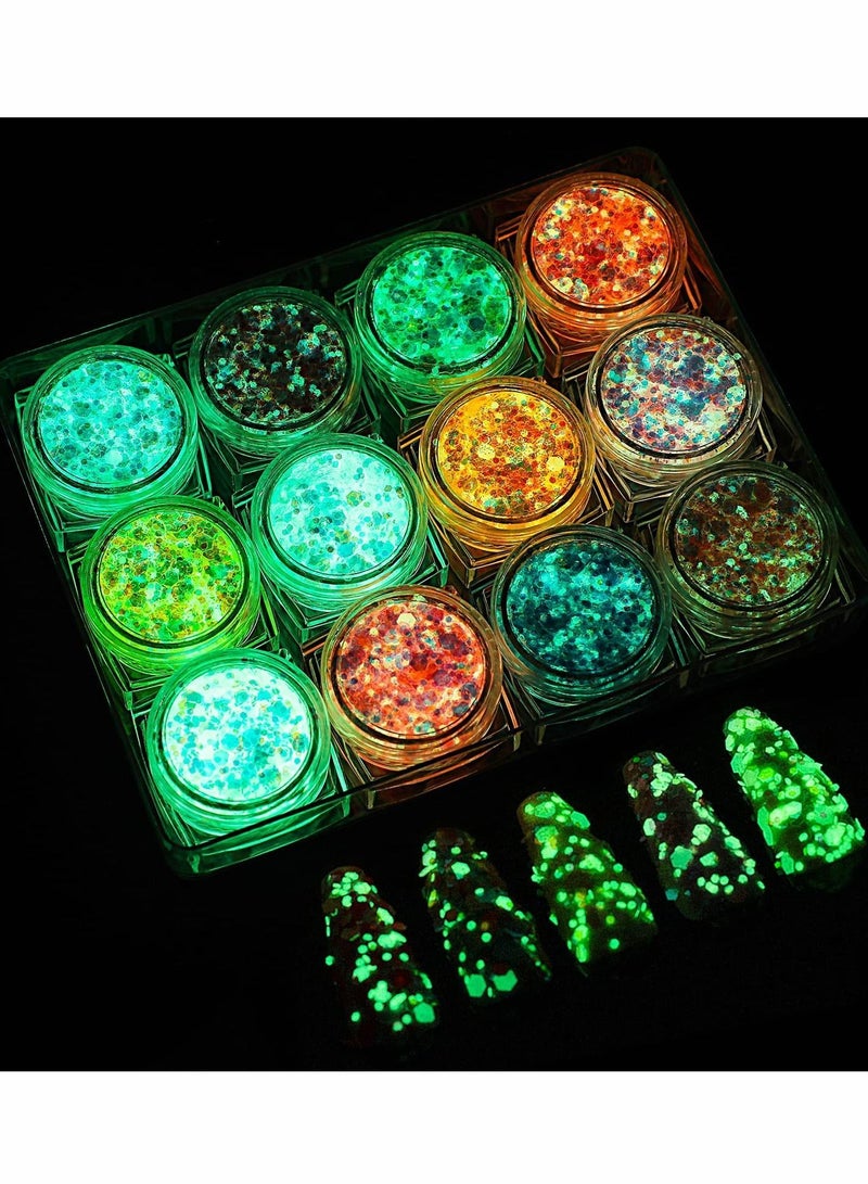 NIBEMINENT Glow in The Dark Body Face Glitter Gel, 12 Colors Luminous Iridescent Chunky Glitter, Self-Adhesive UV Black Light for Body/Face/Hair/Eyeshadow, Carnival Party Makeup  - Image 1