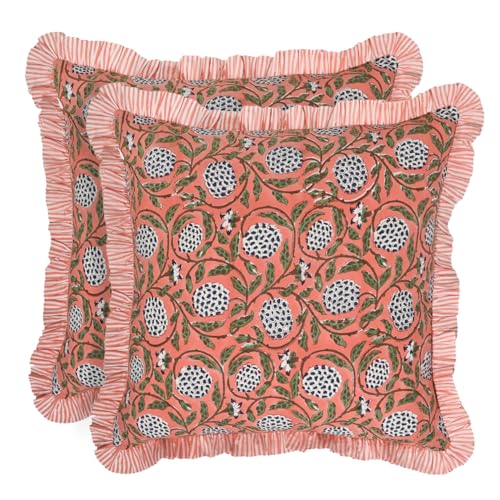 Ridhi Block Print Dark Salmon Pink Throw Pillow Cover 18 x 18 Pack of 2 Decorative Cushion Covers with Ruffle for Couch Sofa Bed Living Room Home Decor Gift for Spring Mothers Day - Image 1