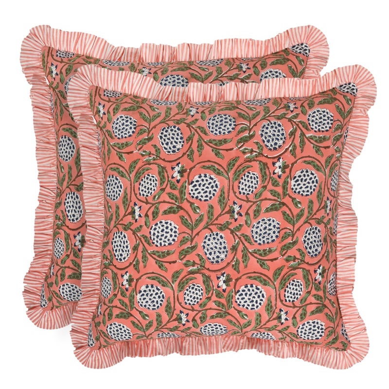 Ridhi Block Print Dark Salmon Pink Throw Pillow Cover 18 x 18 Pack of 2 Decorative Cushion Covers with Ruffle for Couch Sofa Bed Living Room Home Decor Gift for Spring Mothers Day - Image 2