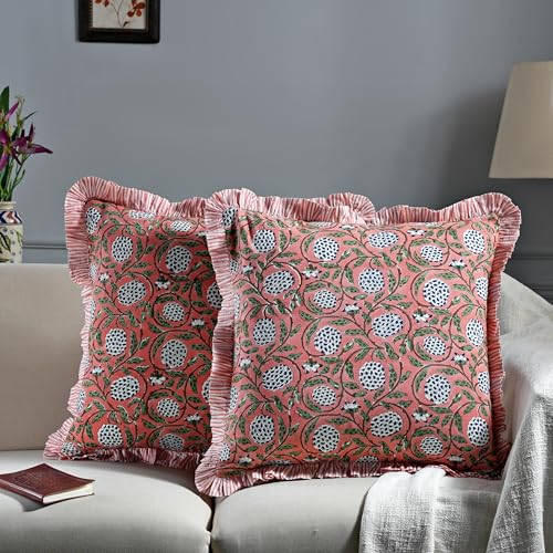 Ridhi Block Print Dark Salmon Pink Throw Pillow Cover 18 x 18 Pack of 2 Decorative Cushion Covers with Ruffle for Couch Sofa Bed Living Room Home Decor Gift for Spring Mothers Day - Image 3