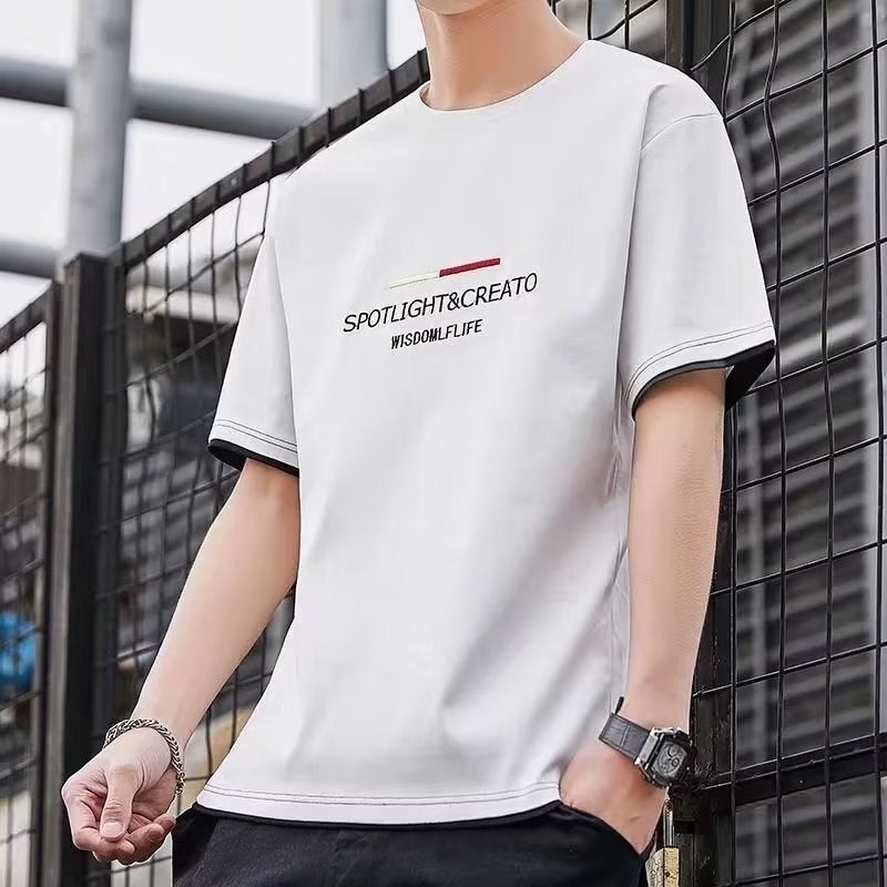 Short-sleeved T-shirt Mens Summer Base Shirt Round Neck Half-sleeved Thin T-shirt White - Image 1