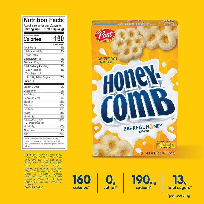 Post Honeycomb Cereal - Honey Flavored Sweetened Corn and Oat Cereal, 19 OZ Family Size Box - Image 2