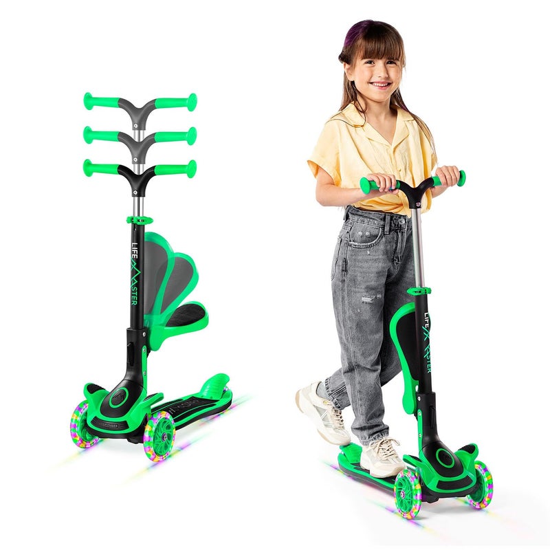 3 Wheel Scooter for Kids with Foldable Seat Adjustable Handlebar Height LeantoSteer Ride On Toy for Kids Ages 2 LightUp LED Wheels Wide Anti Slip Deck Indoor Outdoor Use Green