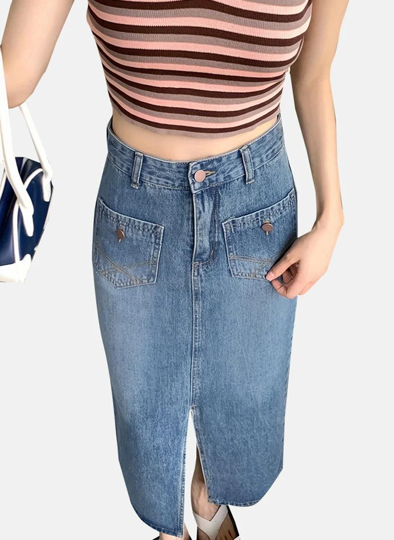 YUNIQEE Blue Solid Denim Midi Skirt