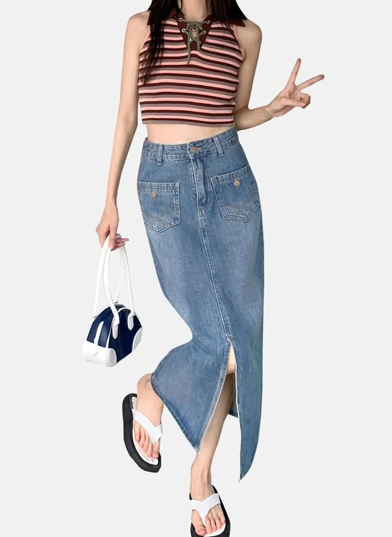 YUNIQEE Blue Solid Denim Midi Skirt