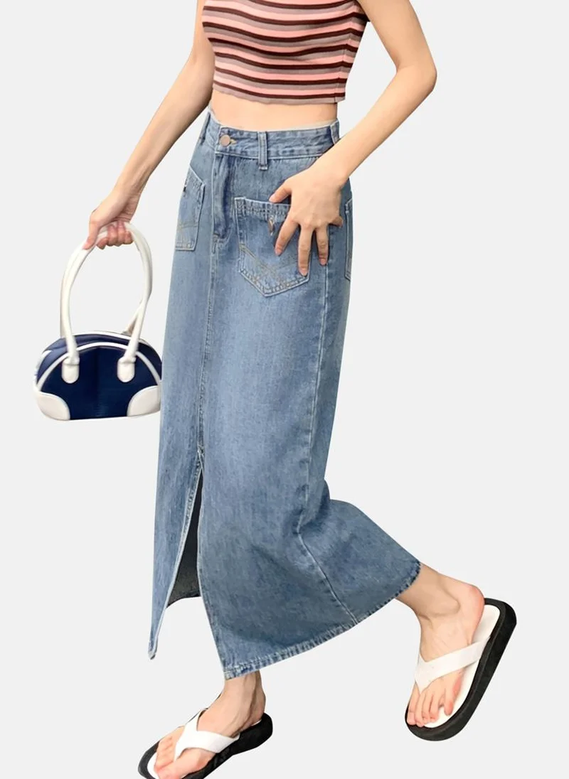 YUNIQEE Blue Solid Denim Midi Skirt