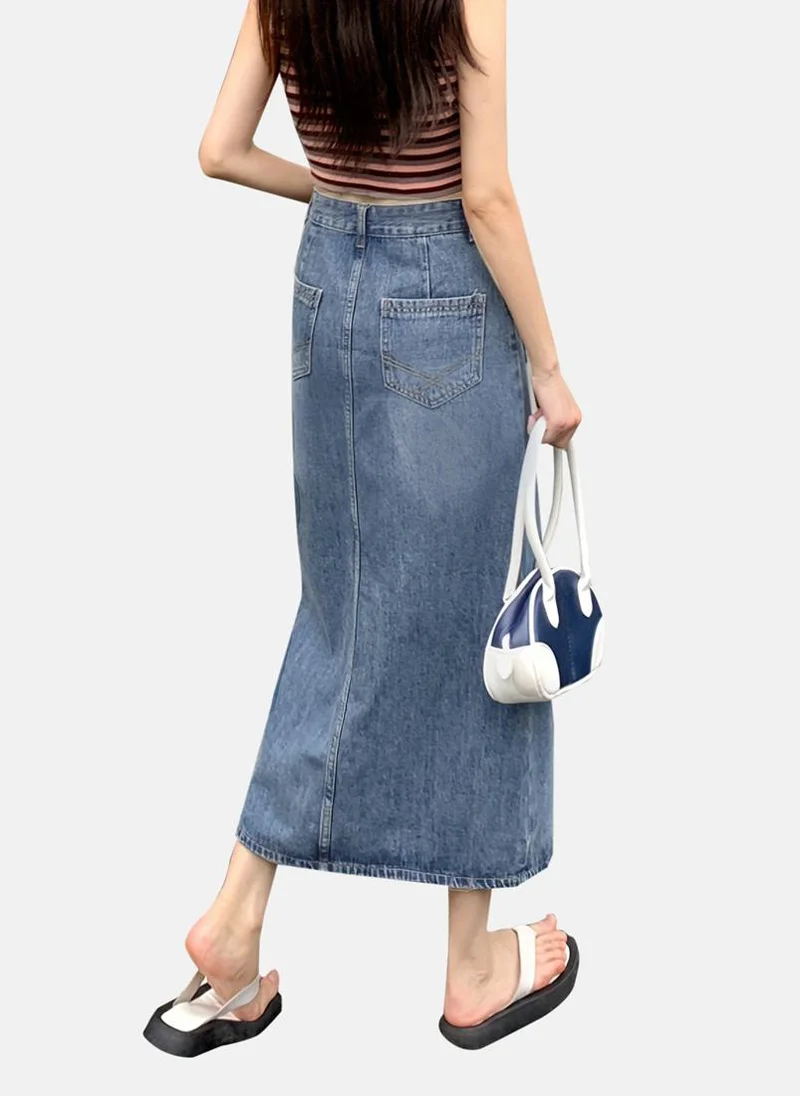 يونيكي Blue Solid Denim Midi Skirt