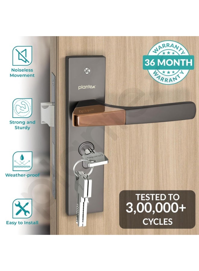 Plantex Heavy-Duty Door Lock Set - Main Door Lock Handle Set/ 6-Lever Lock Mechanism with 3 Years of Warranty/Mortise Lock with 3 Keys, Brass Lockbody & Cylinder (8112 - Satin Black & PVD Choco) - Image 4