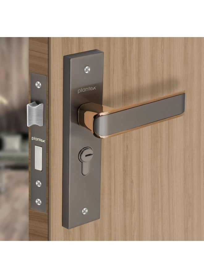 Plantex Heavy-Duty Door Lock Set - Main Door Lock Handle Set/ 6-Lever Lock Mechanism with 3 Years of Warranty/Mortise Lock with 3 Keys, Brass Lockbody & Cylinder (8112 - Satin Black & PVD Choco) - Image 1