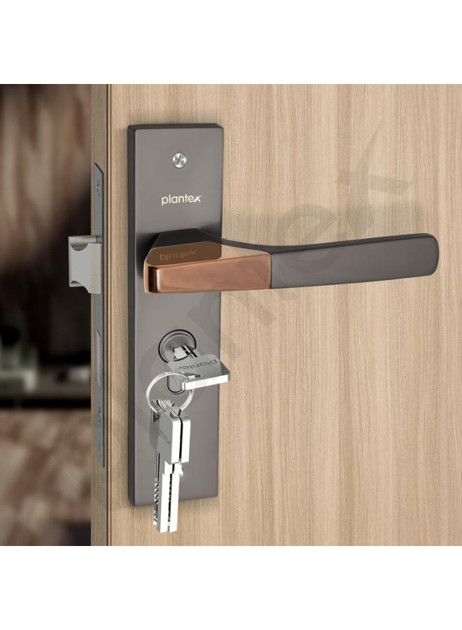 Plantex Heavy-Duty Door Lock Set - Main Door Lock Handle Set/ 6-Lever Lock Mechanism with 3 Years of Warranty/Mortise Lock with 3 Keys, Brass Lockbody & Cylinder (8112 - Satin Black & PVD Choco) - Image 3