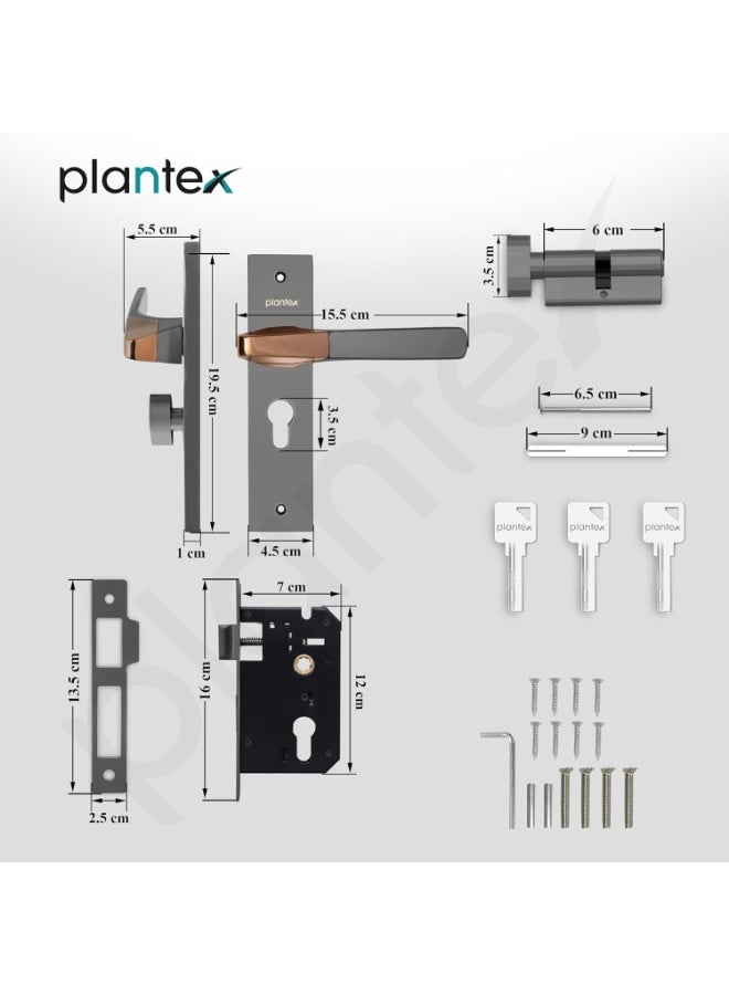 Plantex Heavy-Duty Door Lock Set - Main Door Lock Handle Set/ 6-Lever Lock Mechanism with 3 Years of Warranty/Mortise Lock with 3 Keys, Brass Lockbody & Cylinder (8112 - Satin Black & PVD Choco) - Image 2