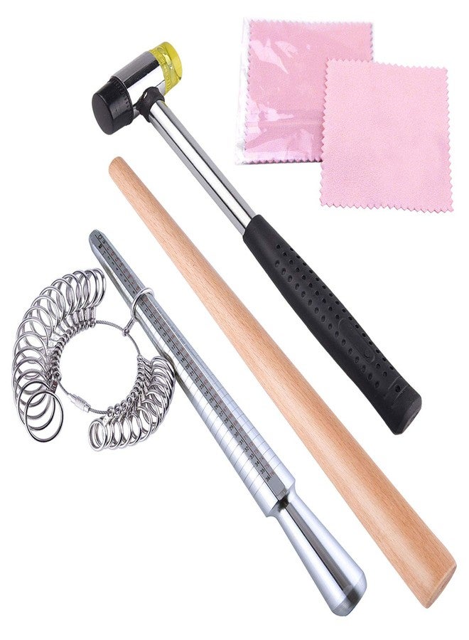 KUUQA Metal Ring Mandrel Ring Sizer, Ring Sizer Gauge Set, Rubber Hammer Mallet, Wood Ring Mandrel Adjuster Stick with 2 Piece Jewelry Polishing Cloths Jewelry Making Kit - Image 1