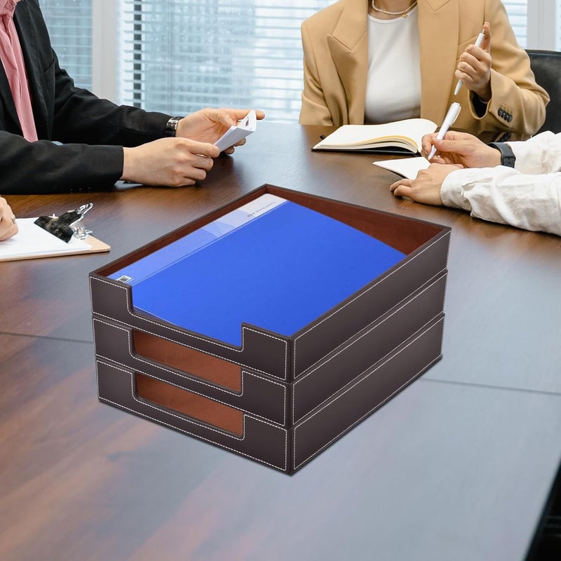 RHCSZ PU Leather 1-Layer Stackable Office File Document Tray Case Rack Paper Letter Tray Desk File Document Organizer Holder (Coffee) - Image 3